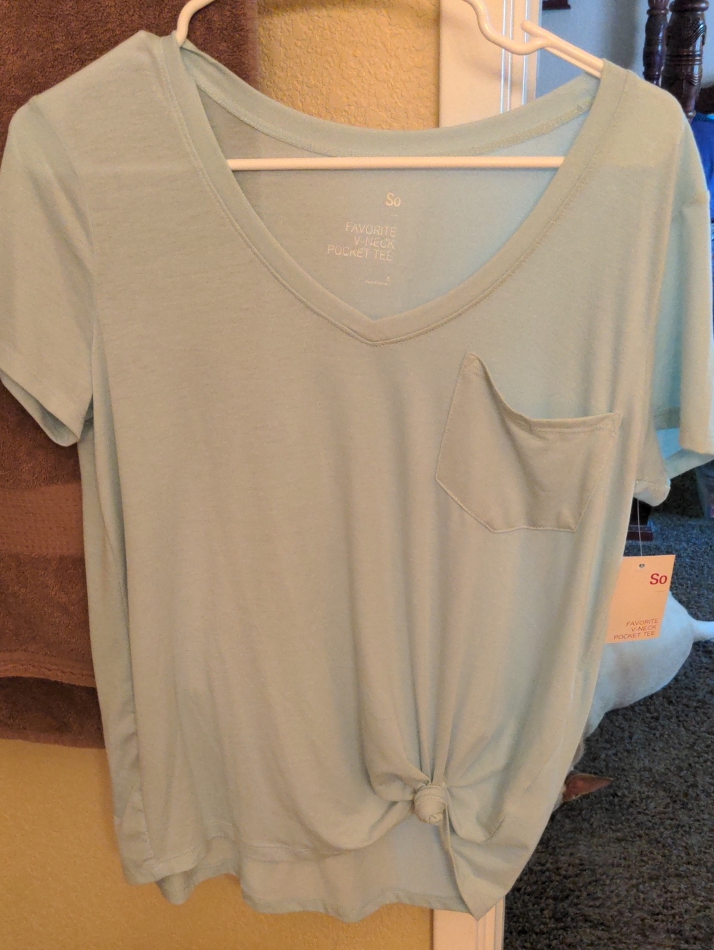 SO Light Blue V-Neck Pocket Tee with Front Knot
